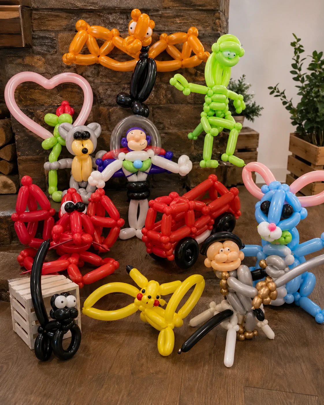 Colorful detailed balloon sculptures displayed for guests