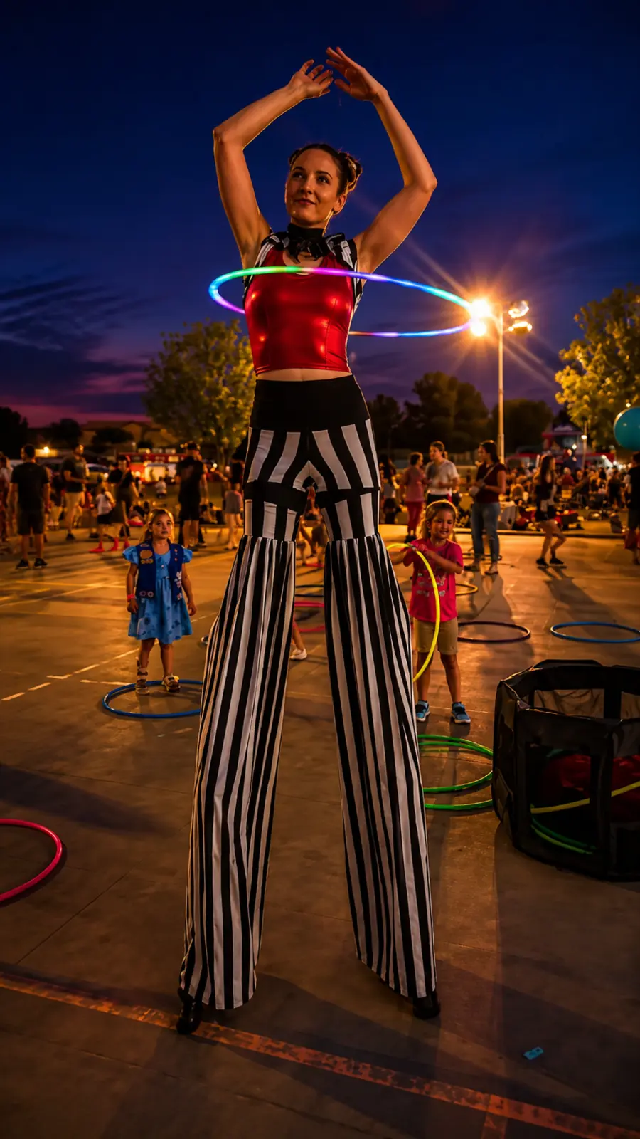 Tabitha hula hooping on stilts while children practice with hoops at a circus arts program