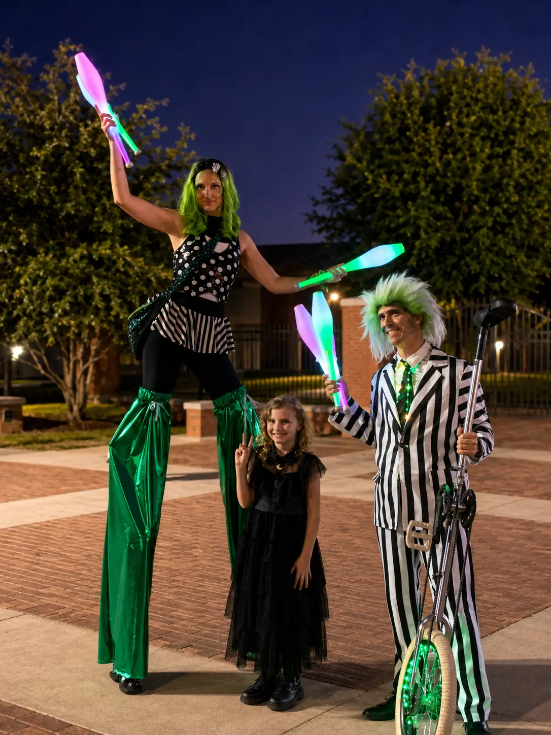 Tabitha and Dan in coordinated Beetlejuice costumes with LED juggling clubs, stilts and an LED unicycle