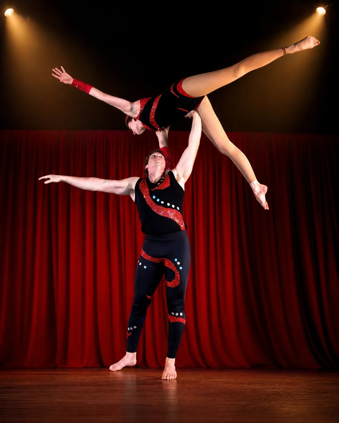 Kristen and Francesco performing a two-person hand-to-hand acrobatic balance onstage