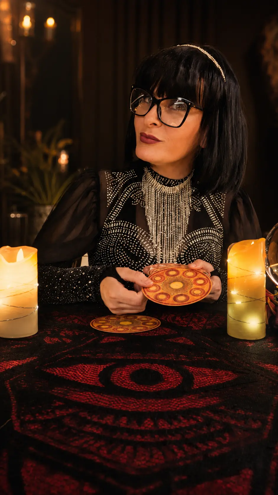 Fortune teller presenting cards at a candlelit table