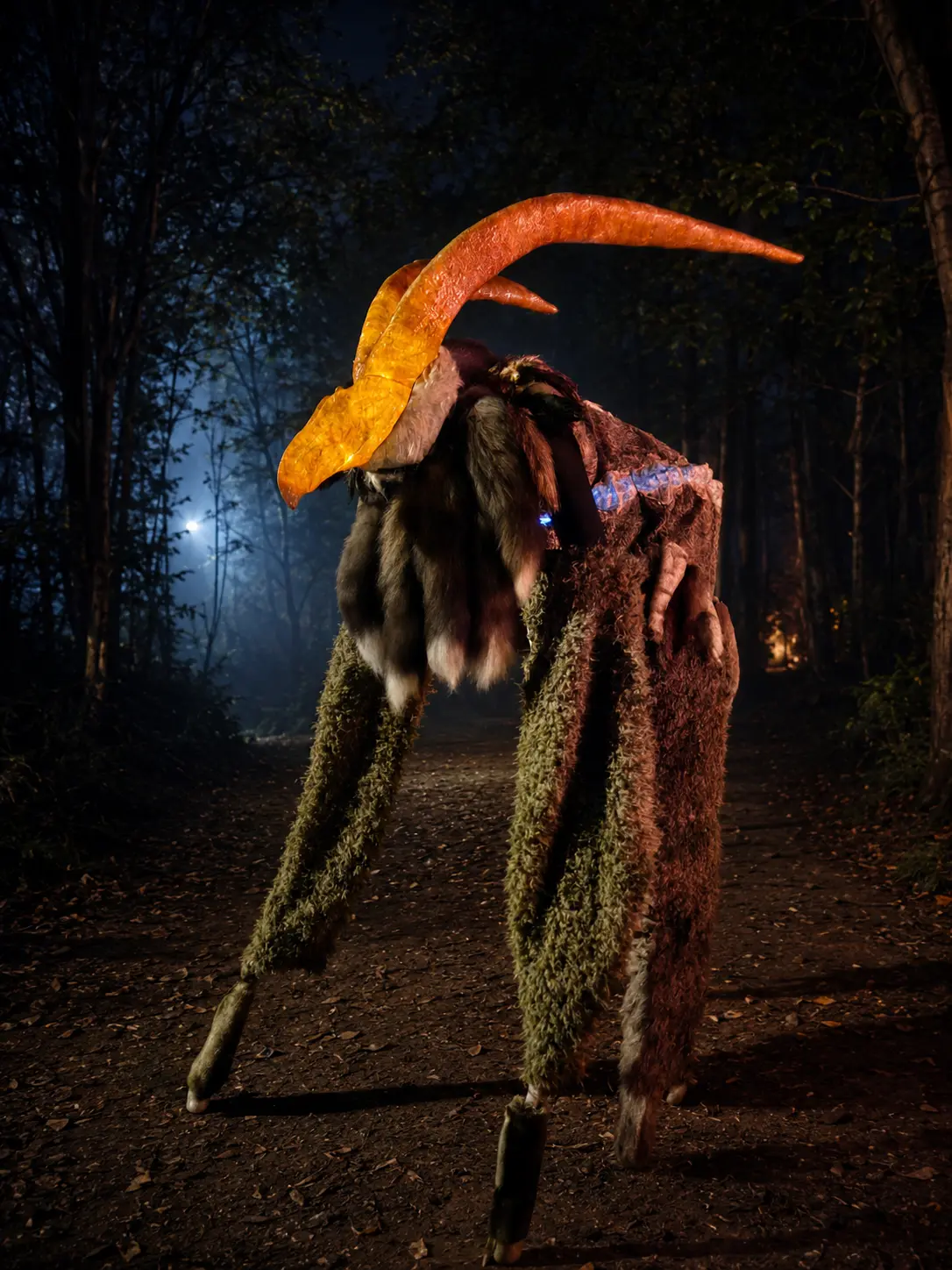 Four-legged horned Halloween creature on stilts in a dark wooded event setting