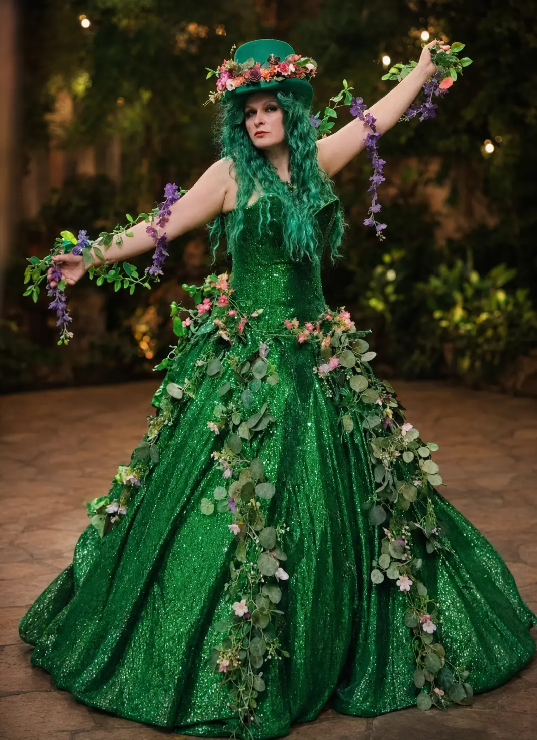 Green garden character posing in a sparkling emerald floral gown with flowers and vines