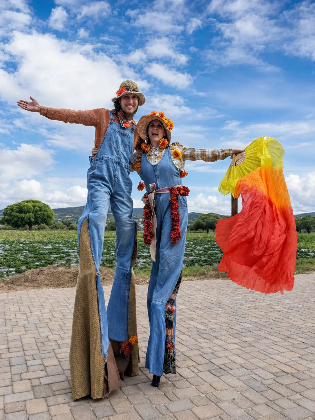 Two scarecrow-themed stilt walkers in denim overalls and autumn costumes at a farm festival