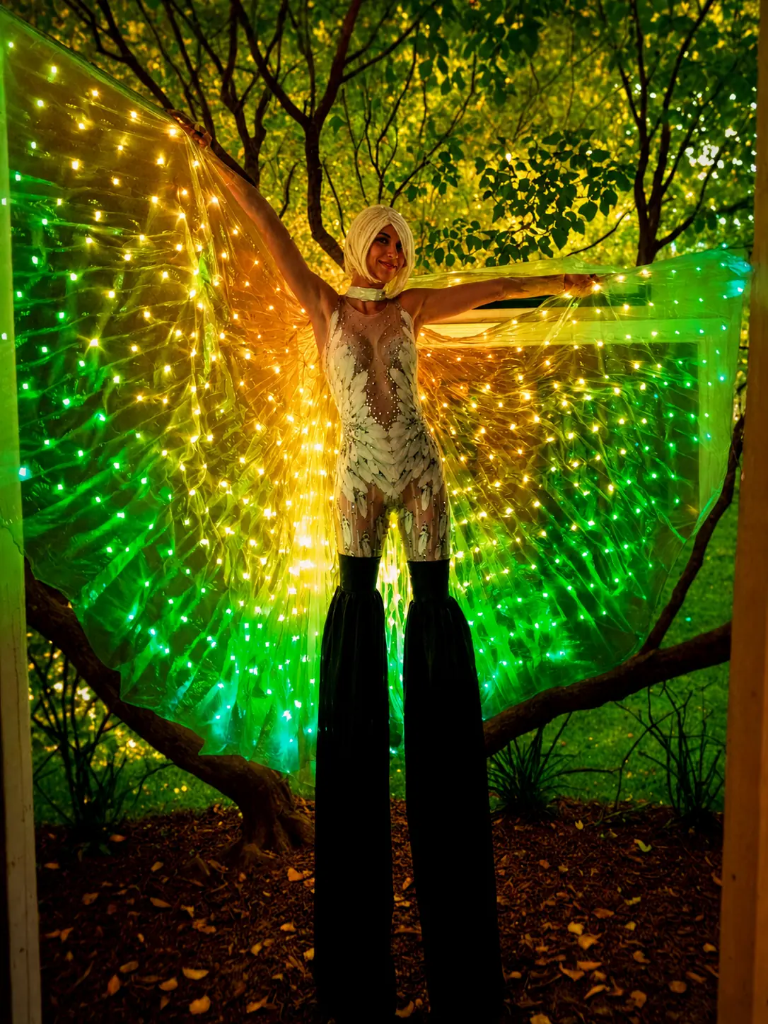 Tabitha on stilts in a white feather-inspired costume with illuminated green and gold wings