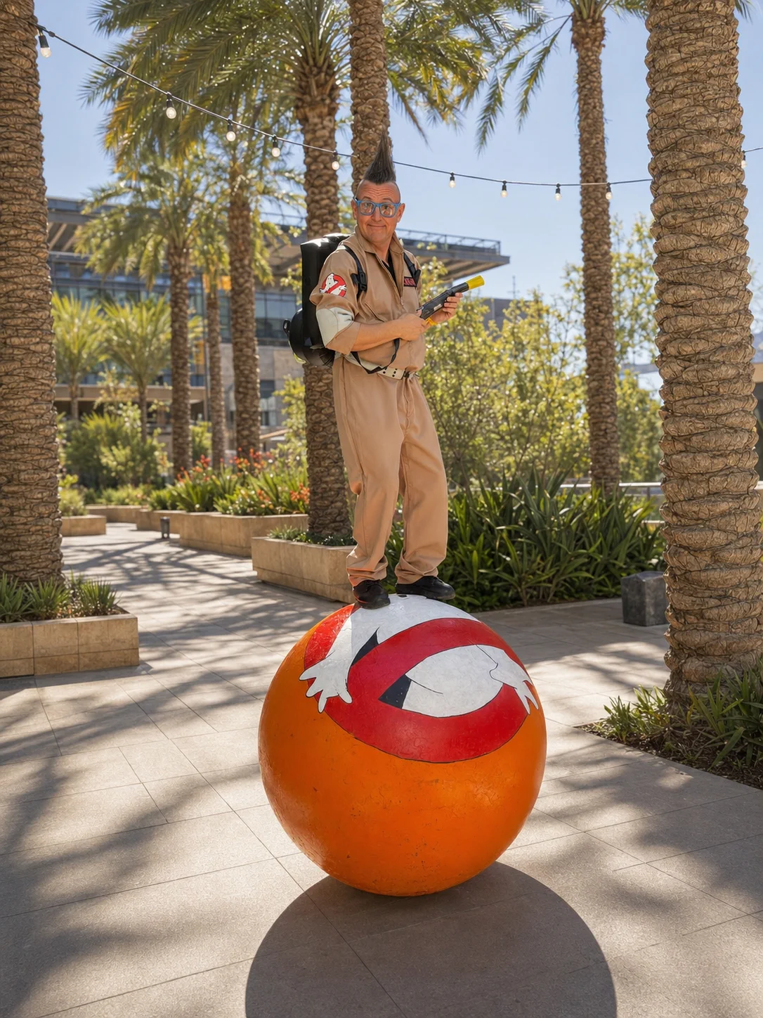Stevie in Ghostbusters-inspired costuming balancing on a themed walking globe