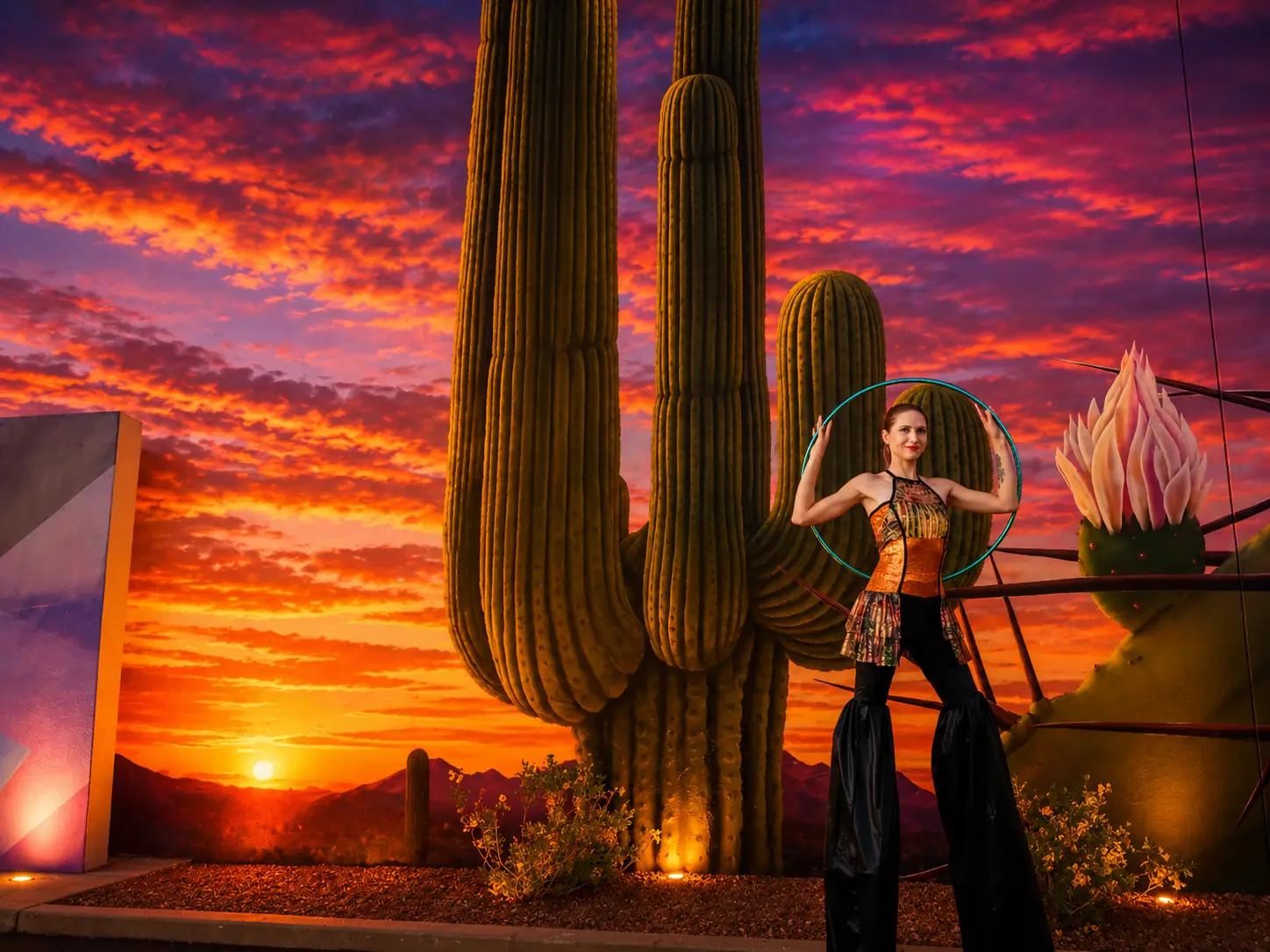 Tabitha on stilts with a hoop in a western desert setting at sunset