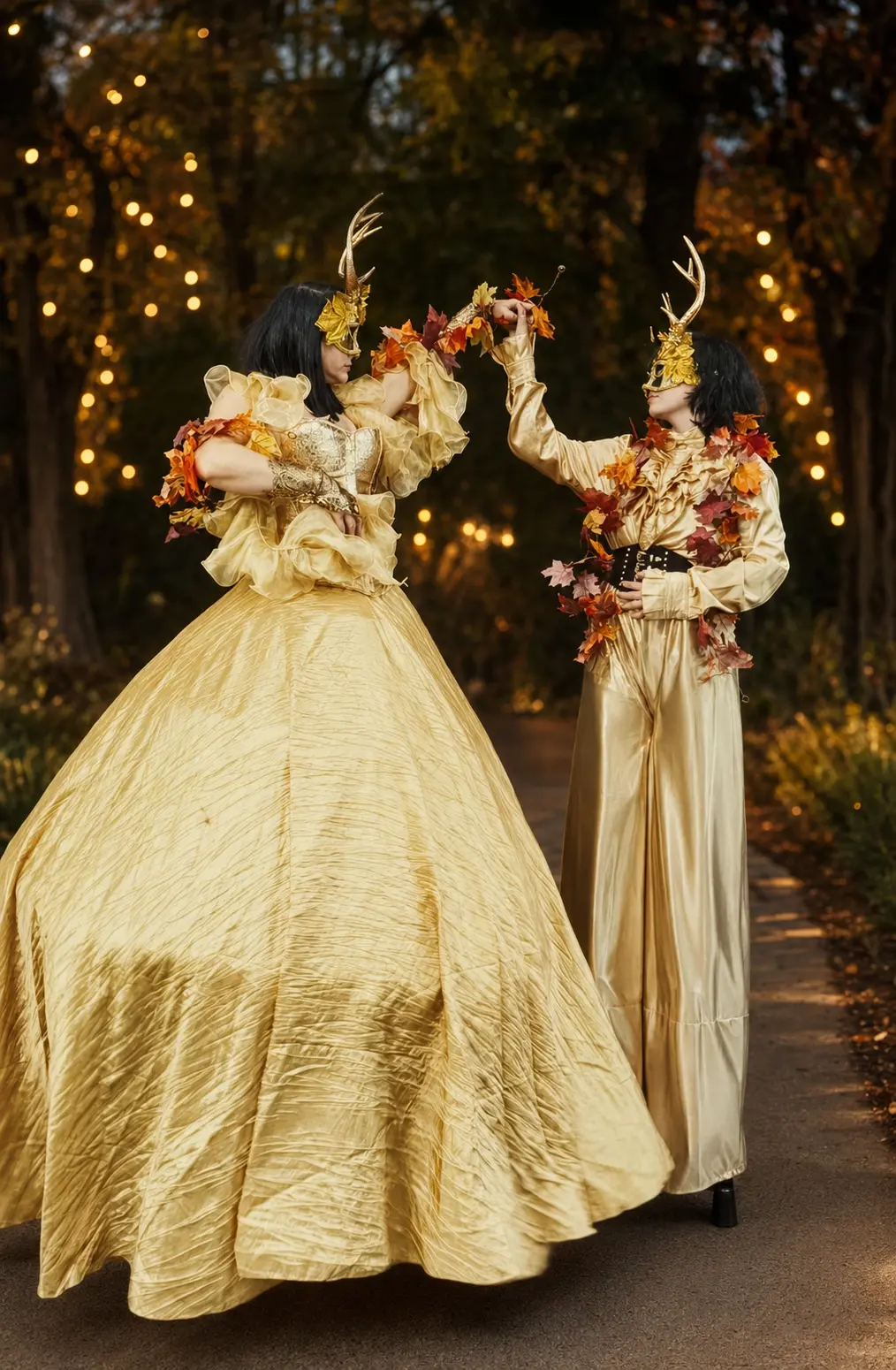 Two woodland-themed stilt performers in gold antler masks and autumn costumes
